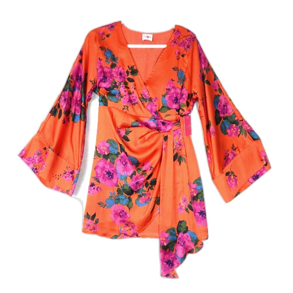 NWT Buddy Love Floral Wrap Mini Dress S Orange Pink Boho Vacation Party Date